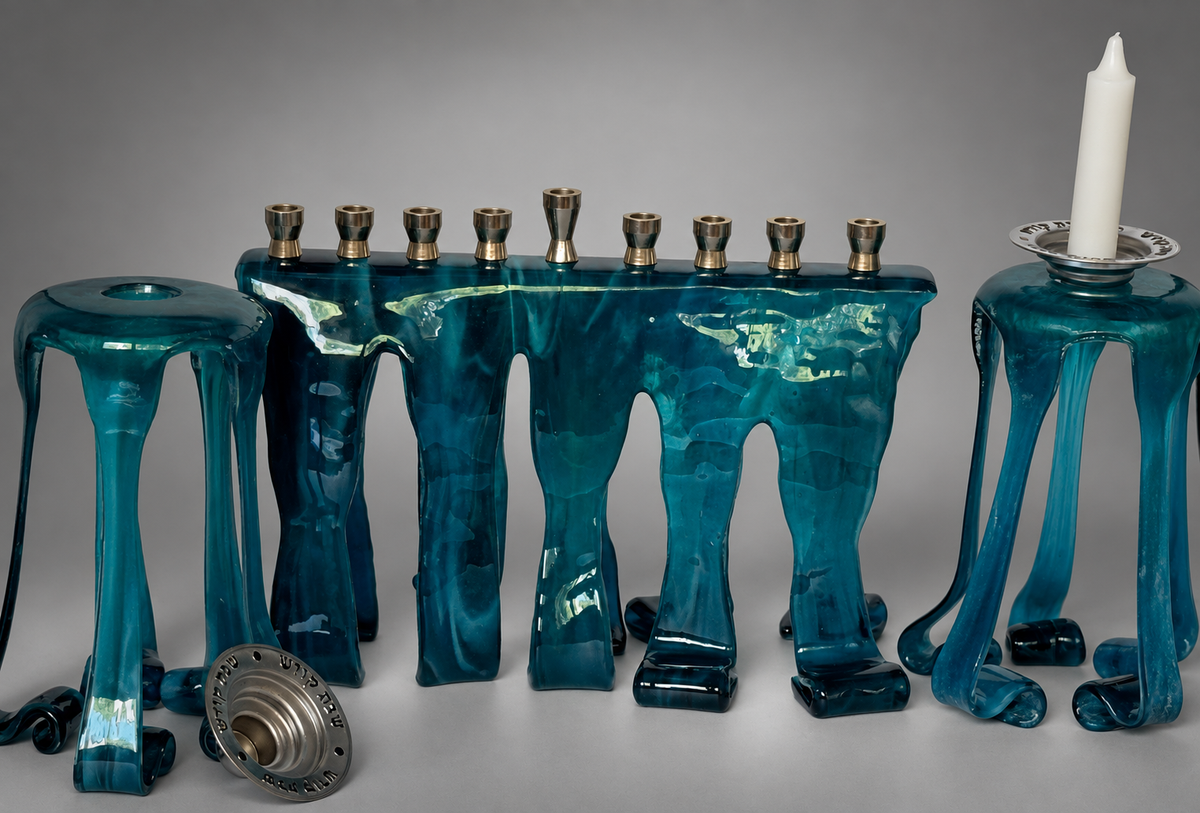Deep Waters Hanukkah Menorah, handmade glass art by Paige's Glass Art.