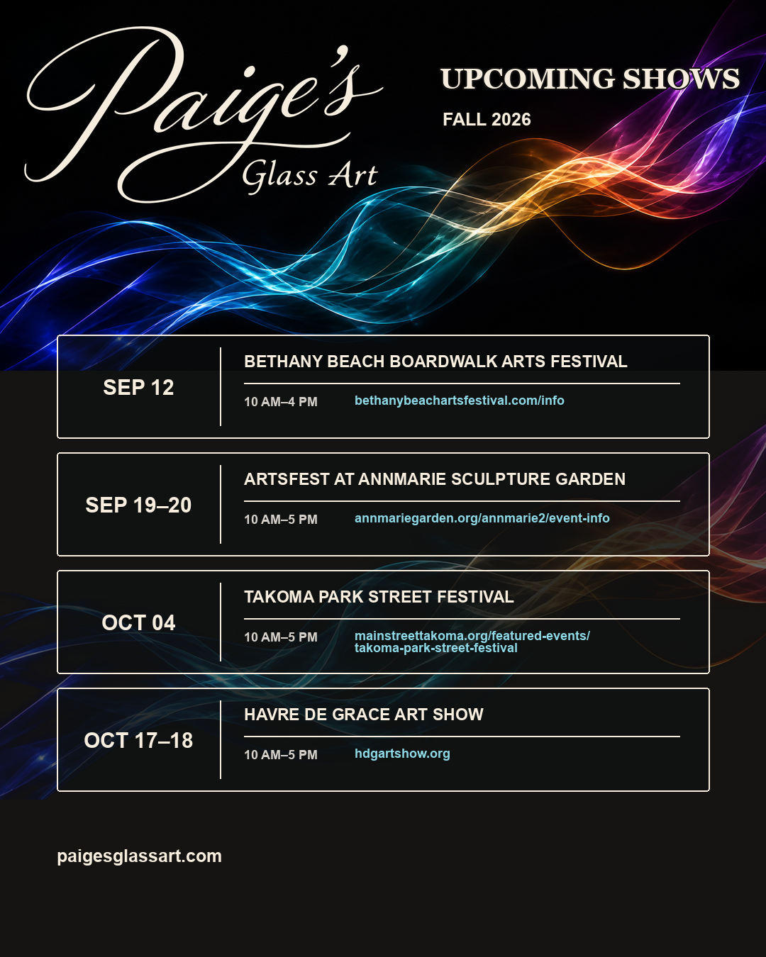 Paige’s Glass Art Fall 2026 upcoming shows calendar