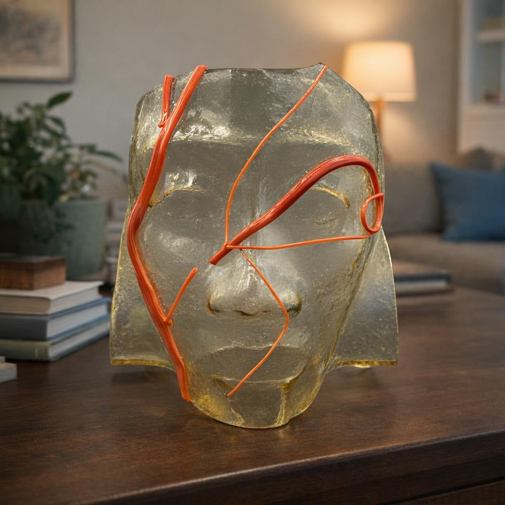 Sculpted Face with Red Lines