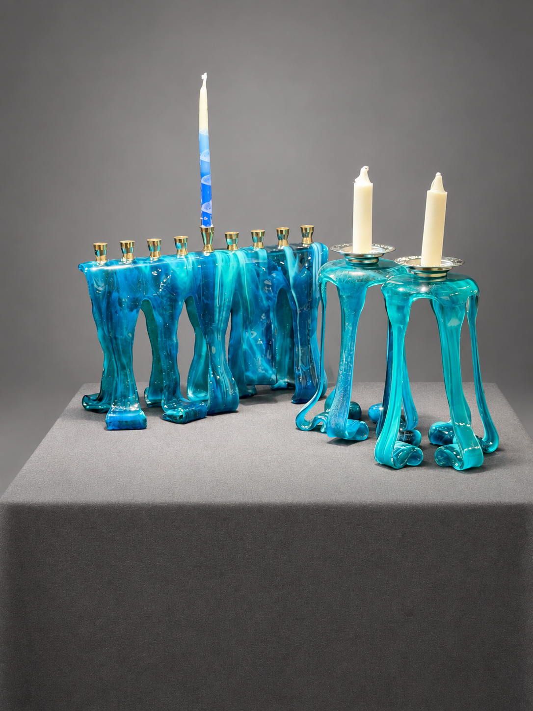 Deep Waters Shabbat Candlesticks, handmade glass art by Paige's Glass Art.