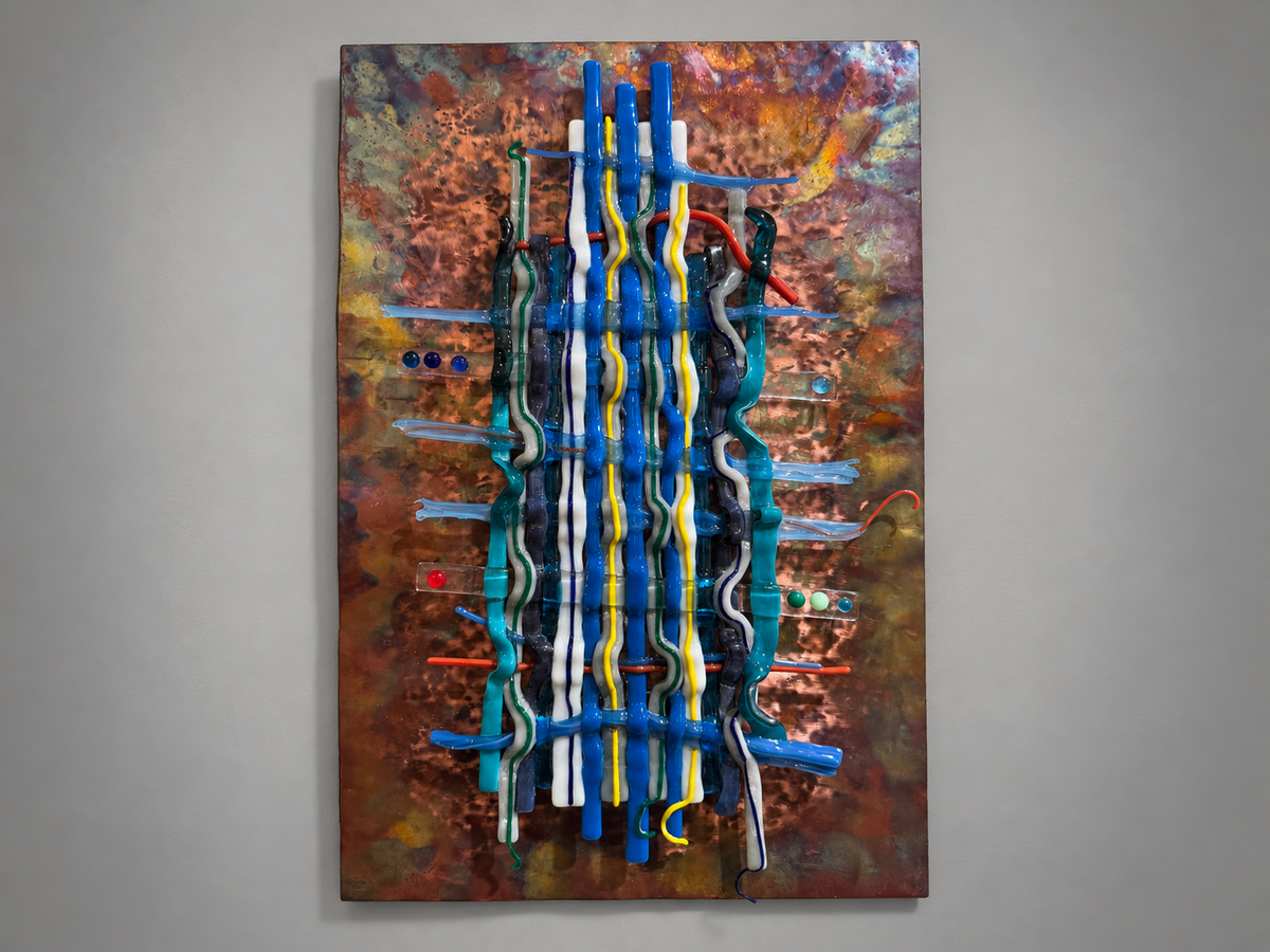 Wall-mounted copper and fused-glass artwork by Paige's Glass Art.