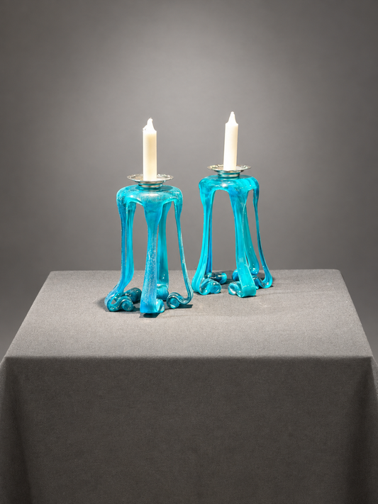 Deep Waters Shabbat Candlesticks, handmade glass art by Paige's Glass Art.