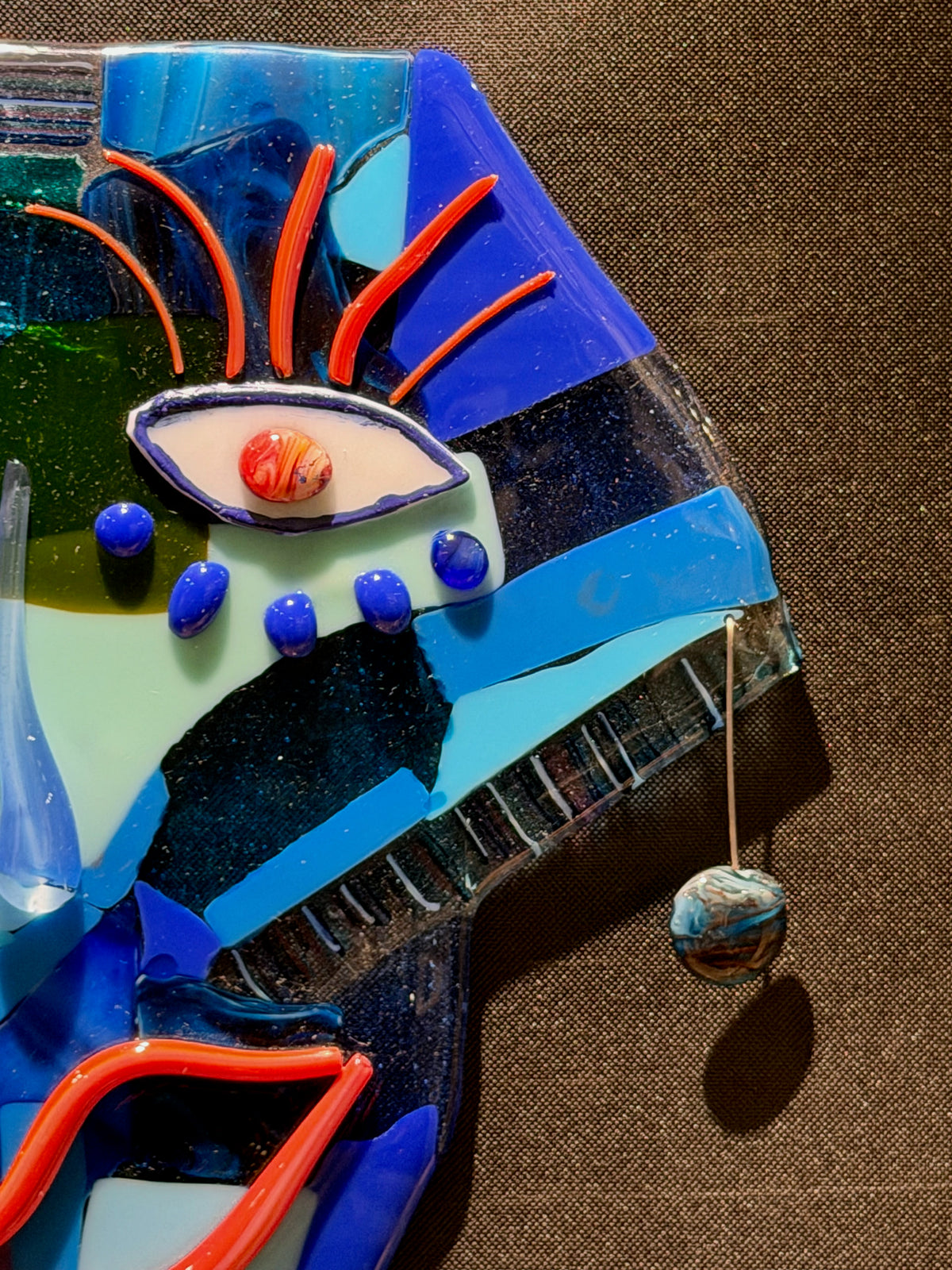 Detail view of The Blue Muse, handmade fused glass by Paige's Glass Art.