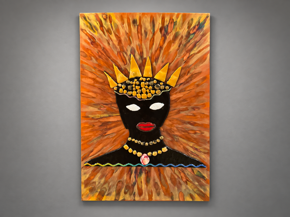 Portrait wall artwork of a crowned Black woman by Paige's Glass Art.