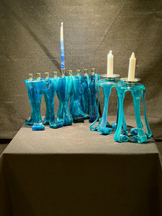 Deep Waters Hanukkah Menorah with coordinating Deep Waters Shabbat Candlesticks, handmade fused glass by Paige's Glass Art.