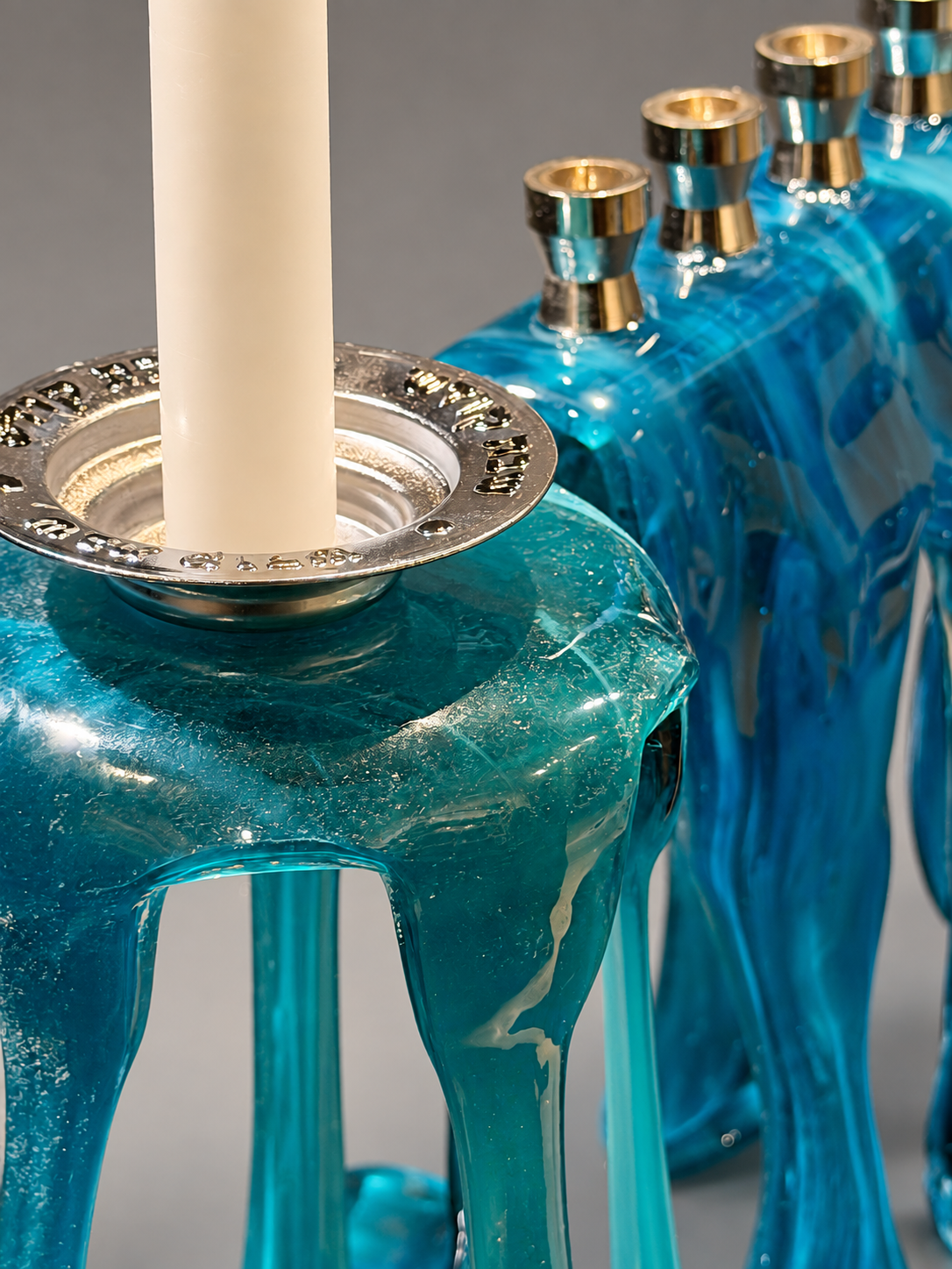 Deep Waters Shabbat Candlesticks, handmade glass art by Paige's Glass Art.