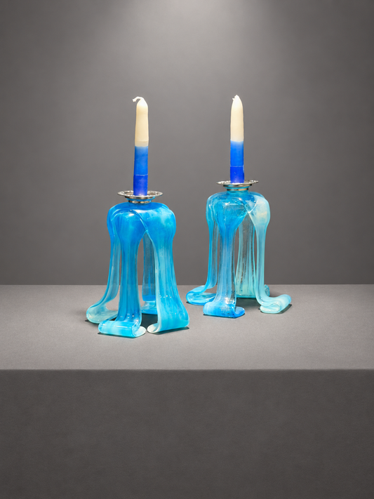 Sea of Light Shabbat Candlesticks, handmade glass art by Paige's Glass Art.