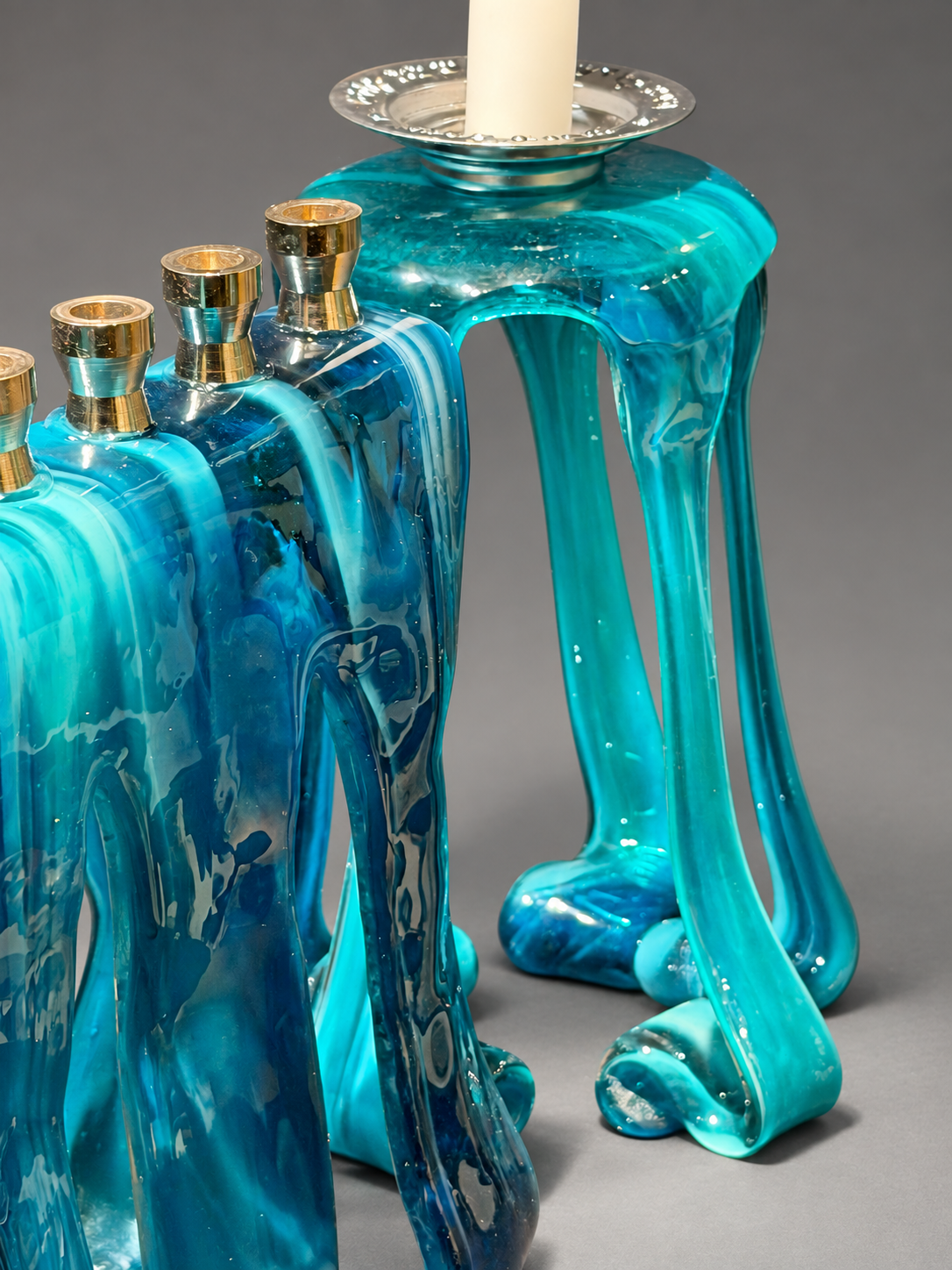 Deep Waters Shabbat Candlesticks, handmade glass art by Paige's Glass Art.