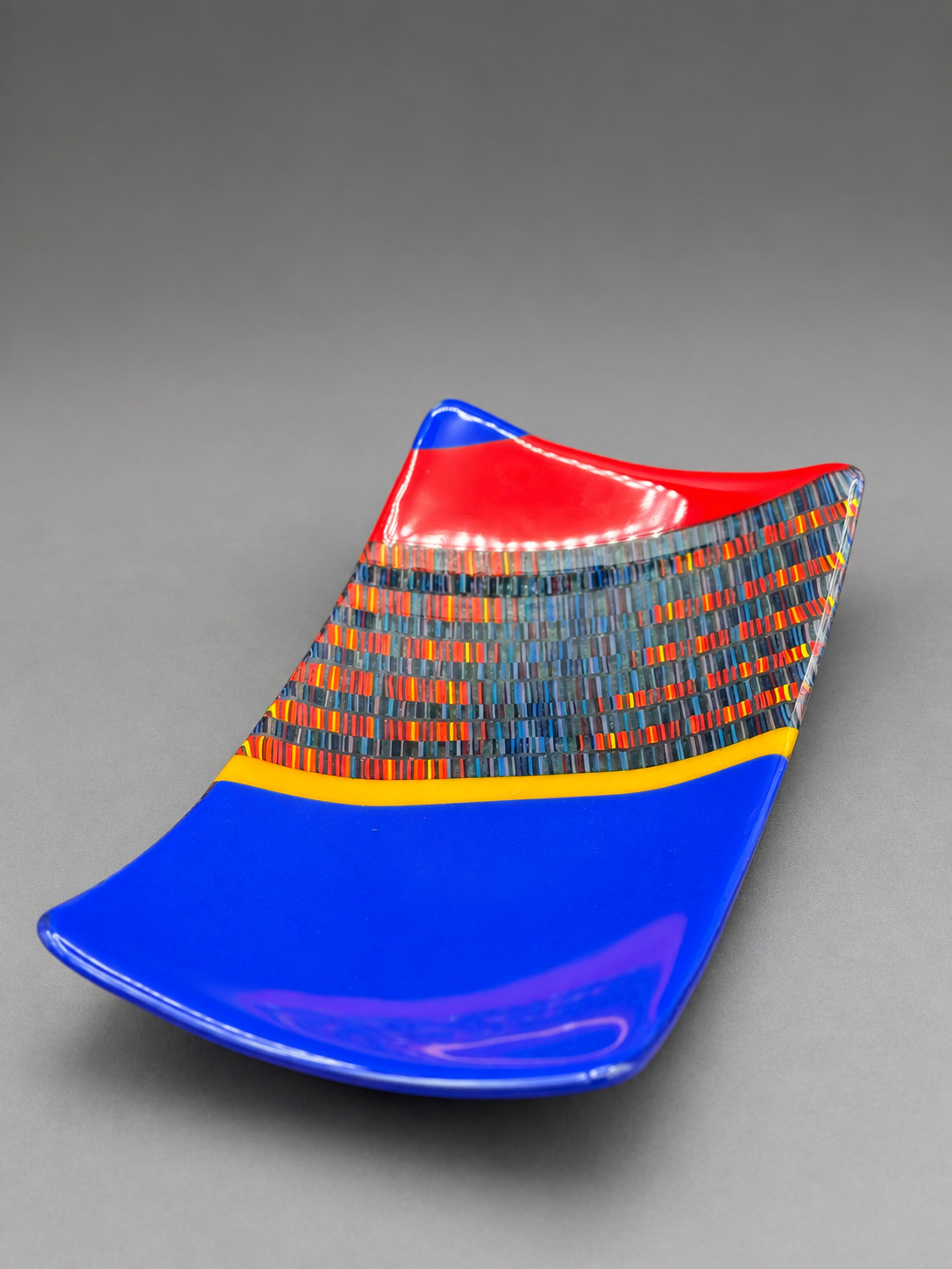 Blue, Red and Yellow Tapestry Platter, handmade glass art by Paige's Glass Art.