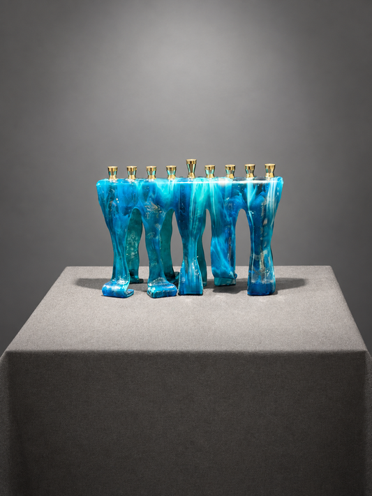 Deep Waters Hanukkah Menorah, handmade fused glass by Paiges Glass Art.