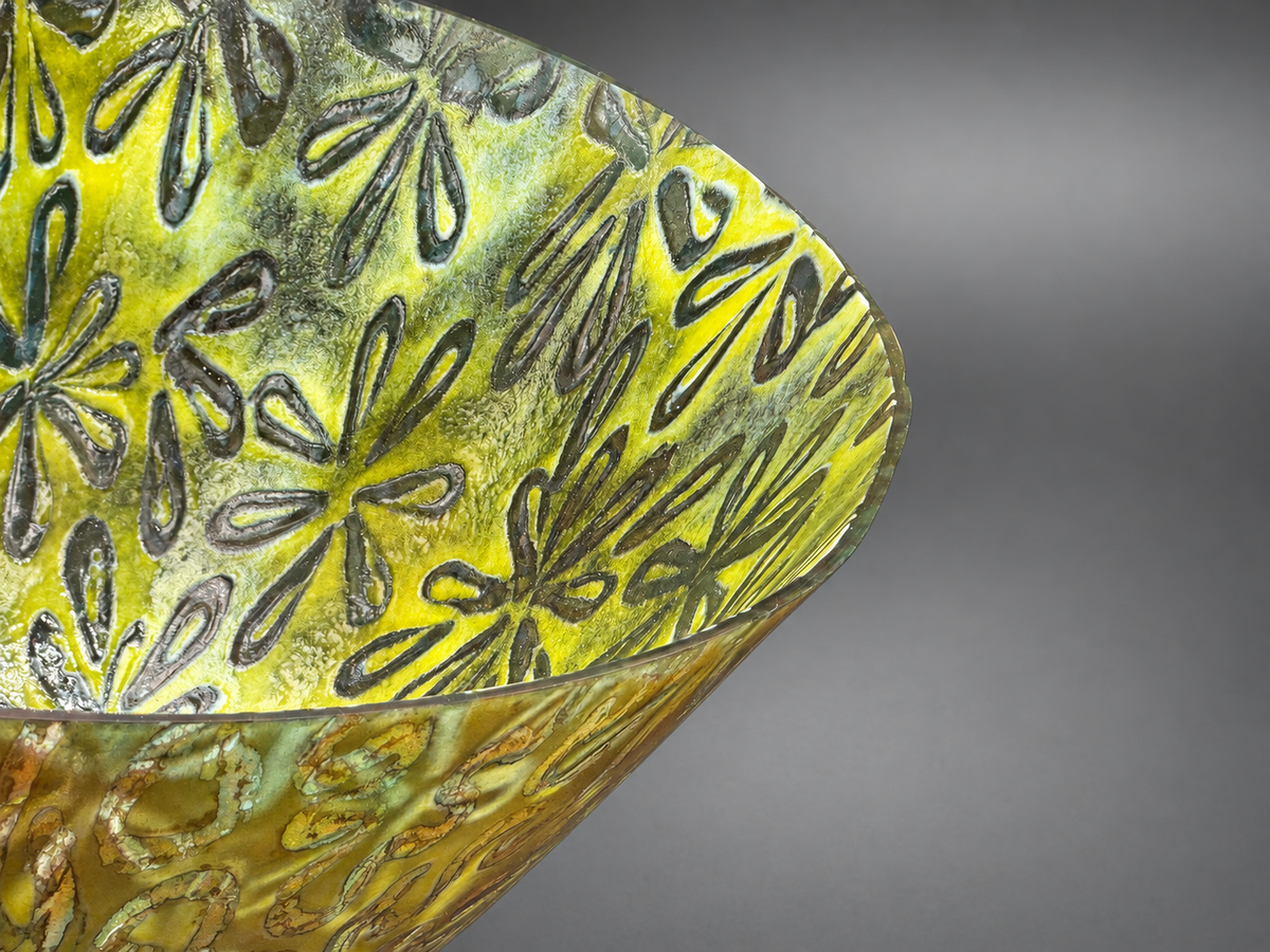 Yellow-green floral fused-glass bowl detail by Paige's Glass Art.
