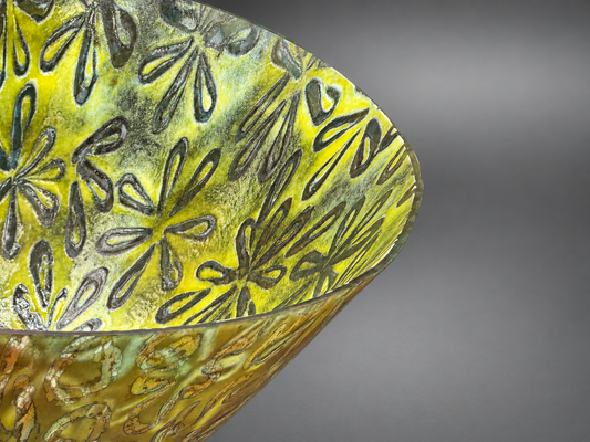Yellow-green floral fused-glass bowl detail by Paige's Glass Art.