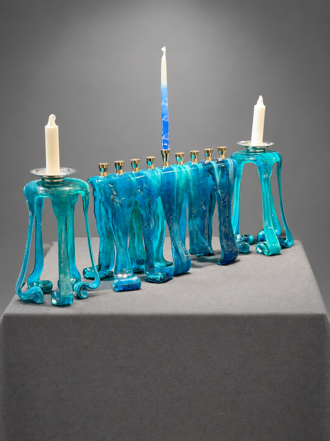 Deep Waters Hanukkah Menorah, handmade glass art by Paige's Glass Art.