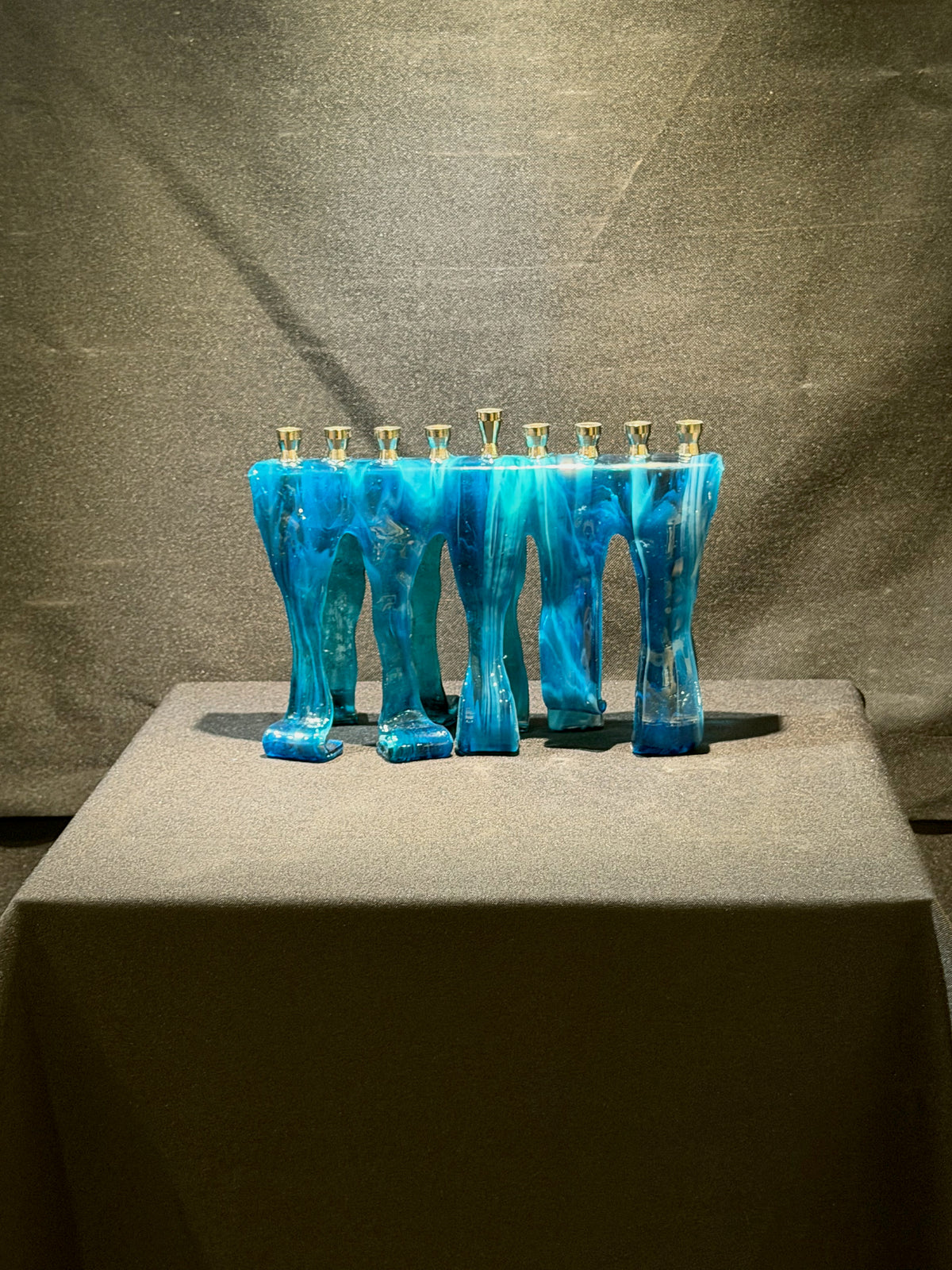 Deep Waters Hanukkah Menorah, handmade fused glass by Paige's Glass Art.