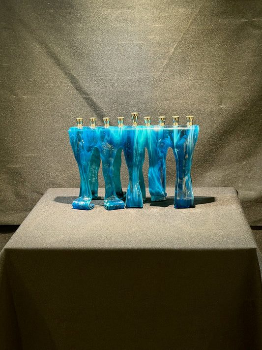 Deep Waters Hanukkah Menorah, handmade fused glass by Paige's Glass Art.