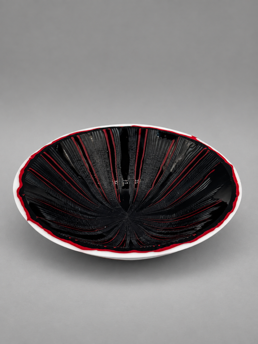 Black, Red and White Bowl, handmade glass art by Paige's Glass Art.