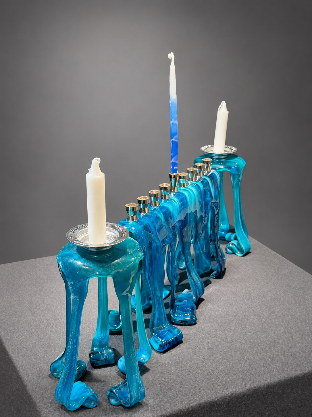 Deep Waters Hanukkah Menorah, handmade glass art by Paige's Glass Art.