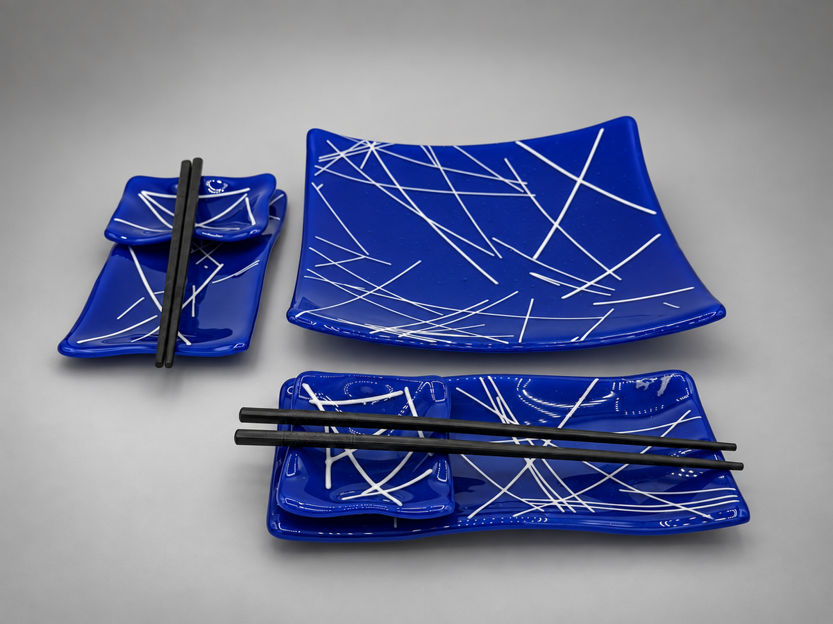 Blue fused-glass sushi serving set by Paige's Glass Art.