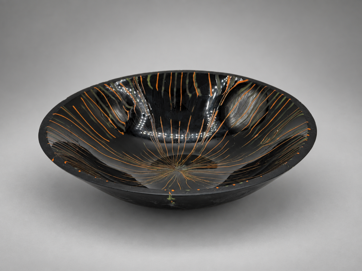 Black, Orange and Green Bowl, handmade glass art by Paige's Glass Art.