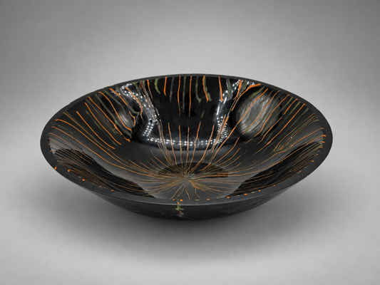 Black, Orange and Green Bowl, handmade glass art by Paige's Glass Art.