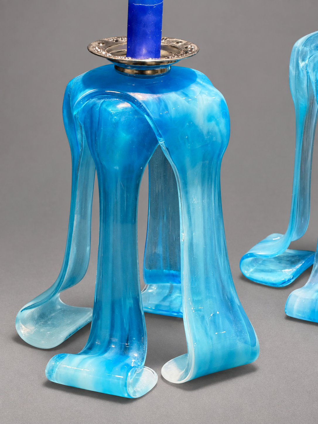 Sea of Light Shabbat Candlesticks, handmade glass art by Paige's Glass Art.