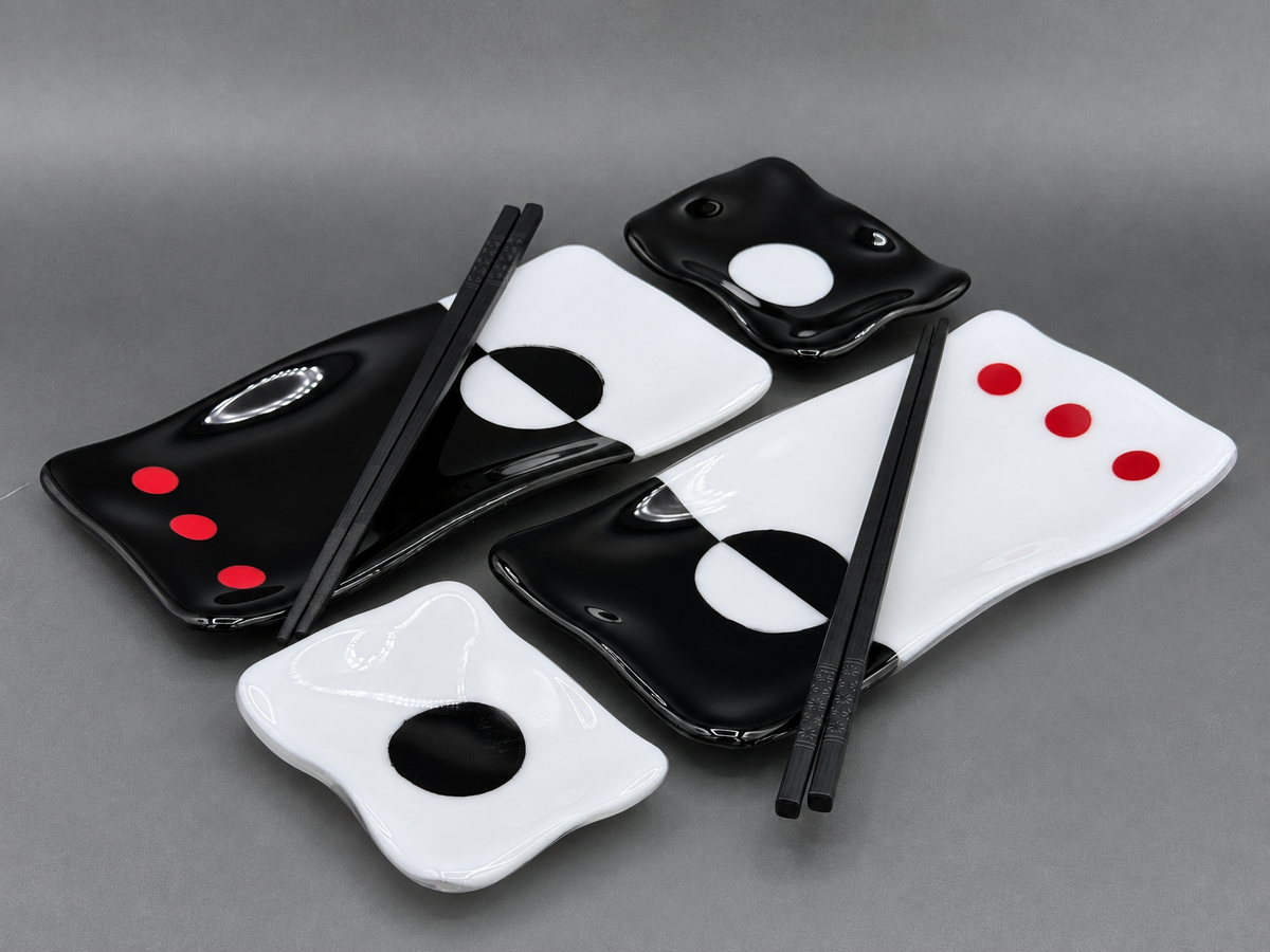 Red Dot Eclipse Sushi Set, handmade fused glass by Paige's Glass Art.