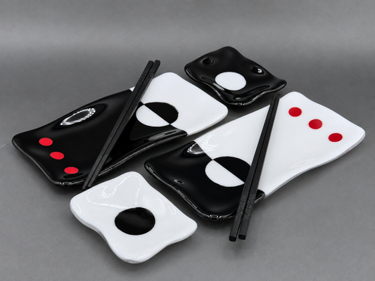 Red Dot Eclipse Sushi Set, handmade fused glass by Paige's Glass Art.