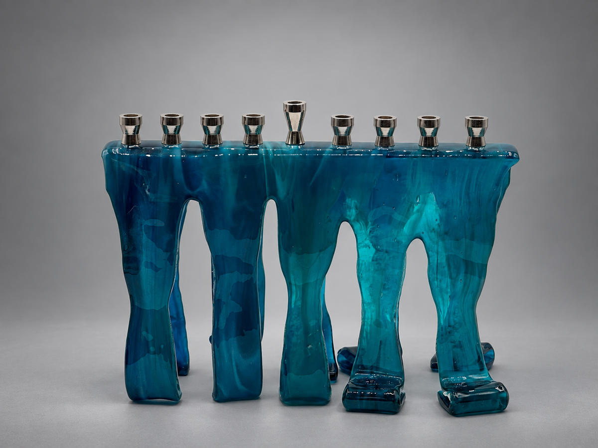 Deep Waters Hanukkah Menorah, handmade glass art by Paige's Glass Art.